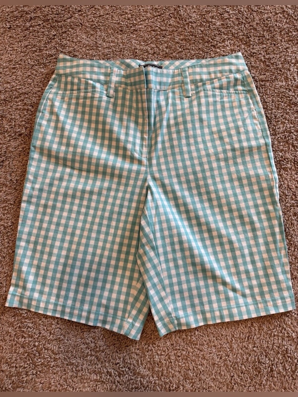 Land’s End Mid Rise Bermuda Shorts, Aqua Blue/White Gingham, Size 10 Tall